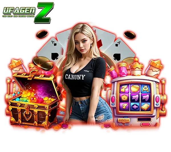 แบนเนอร์ UFAGENZ สล็อตเว็บตรง พรีเซนเตอร์หญิงพร้อมตู้สล็อตและเหรียญทอง